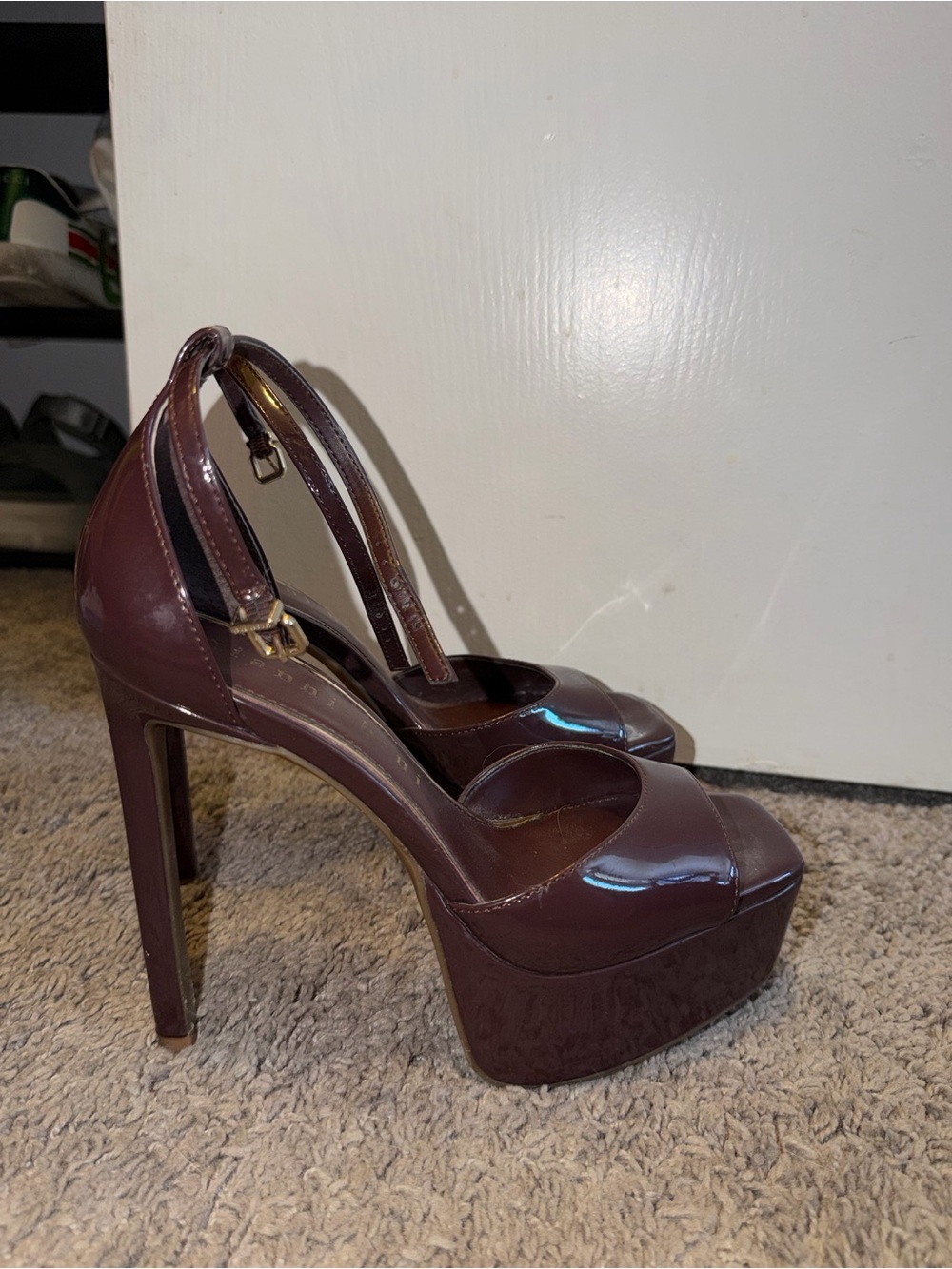 Gianni Bini Patent Platform Peep-Toe Heels in Plum